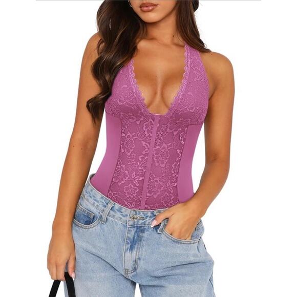 UNCOOYEE Sexy Floral Lace Thong Bodysuit Halter VNeck Sleeveless Backless Pink S - Picture 8 of 11
